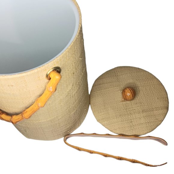 SOLD - Ice Bucket Grasscloth Raffia Faux Bamboo Handle MatchingTongs MCM BOHO - Picture 7 of 13